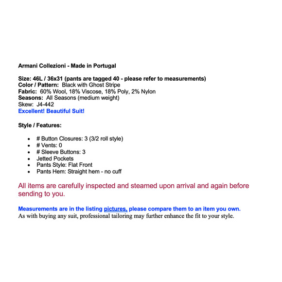 Armani Collezioni Mens 46L 36x31 Black Stripe Designer Suit Stretch 3/2 Roll - Picture 2 of 16